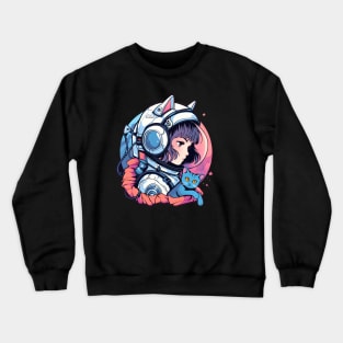 Female Astronaut and Blue Cat Crewneck Sweatshirt